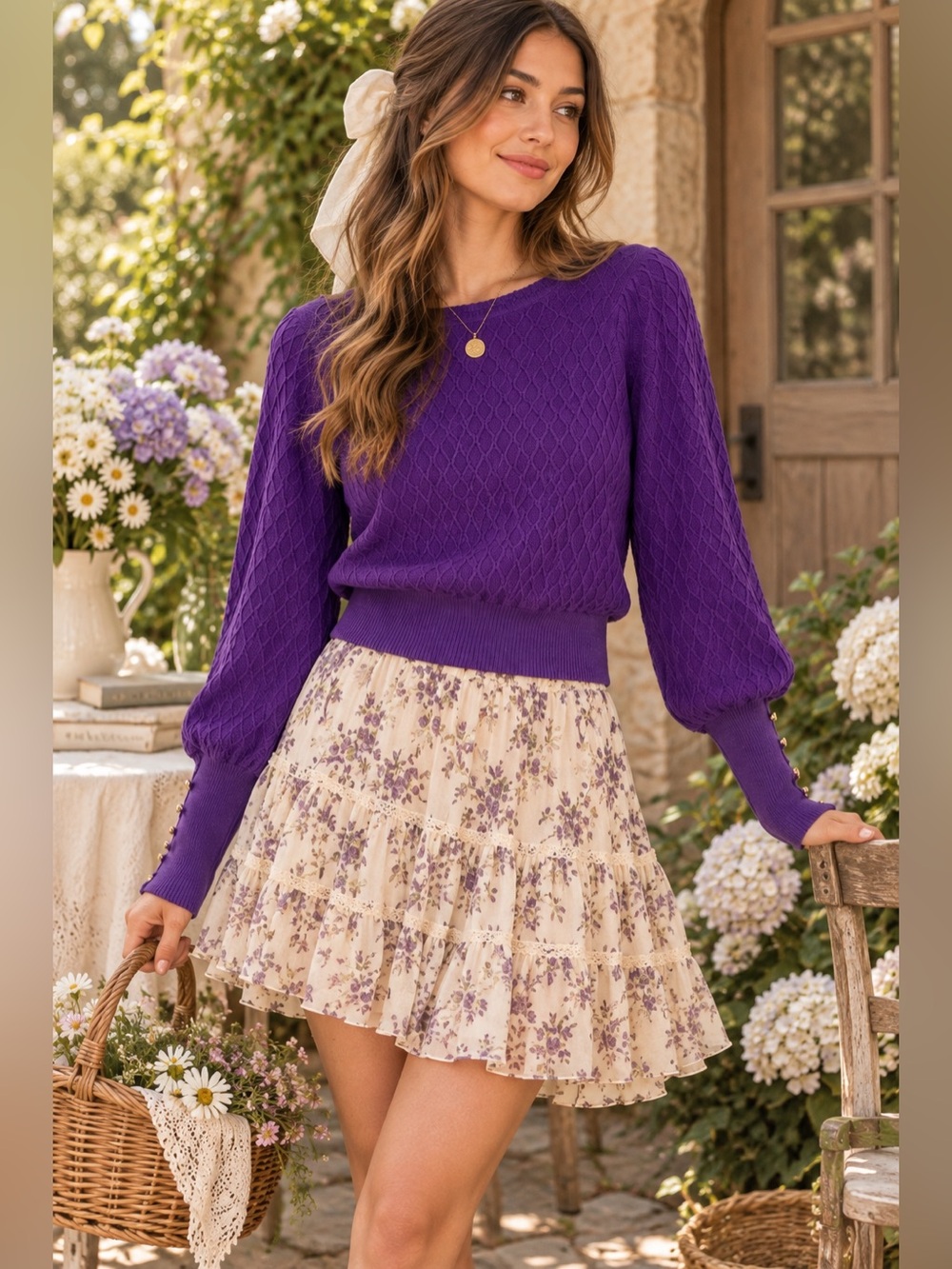 Lilly Pulitzer Purple Cable Knit Puff Sleeve Sweater Size L Gold Button Cuffs